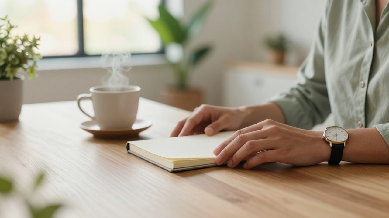 Manos organizando un cuaderno, un café y un reloj sobre un escritorio de madera en una oficina iluminada por el sol.
