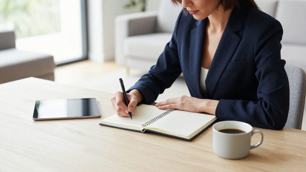 Mujer concentrada escribiendo notas en una agenda sobre un escritorio organizado en una oficina luminosa.