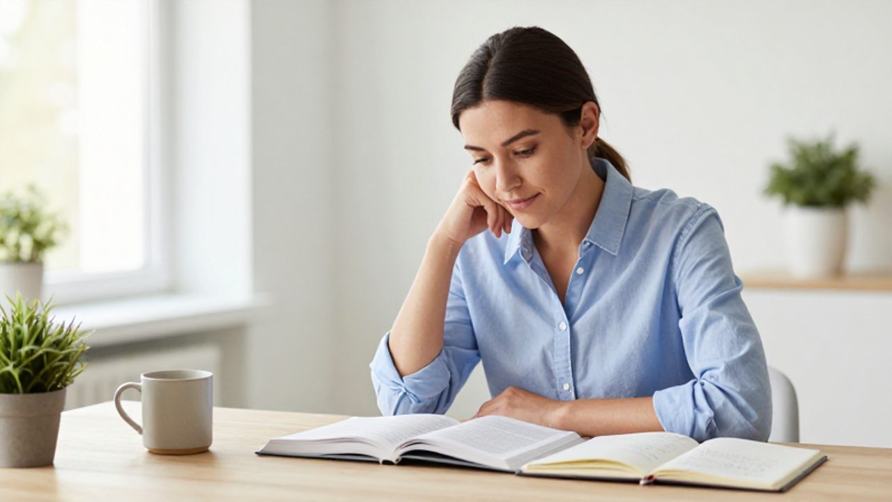 Mujer joven concentrada estudiando con atención un libro y un cuaderno de notas en un escritorio luminoso y despejado.