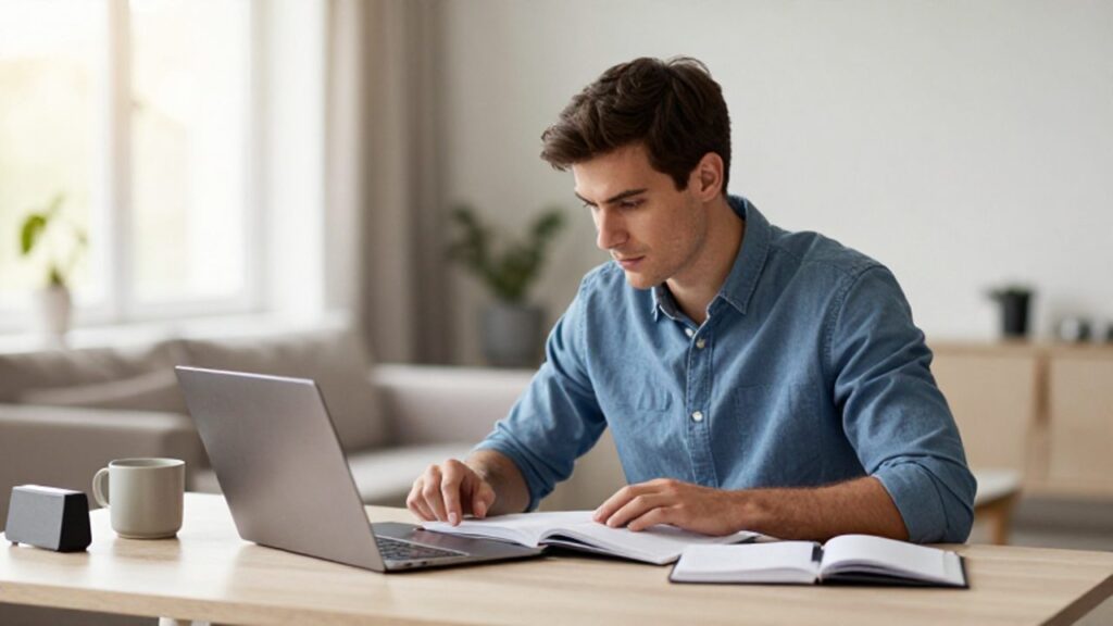 Persona concentrada estudiando en un escritorio despejado dentro de una oficina en casa iluminada por luz natural.