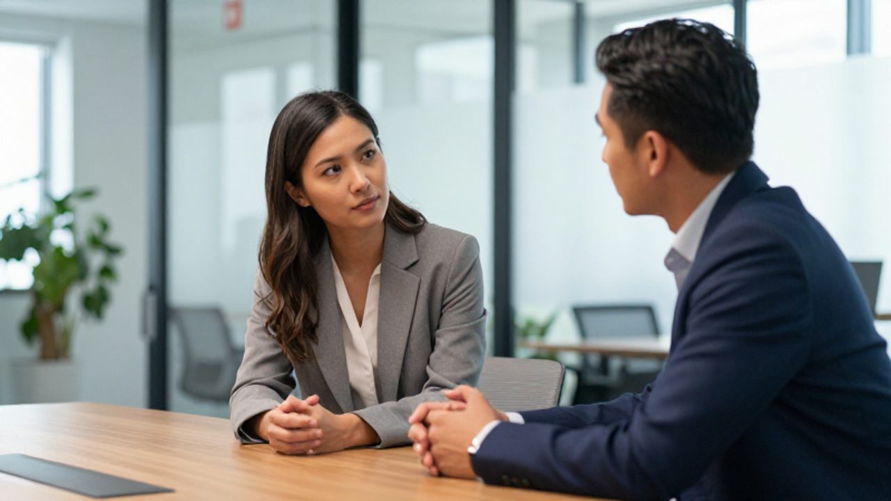 Dos colegas mantienen una conversación seria y calmada en una oficina moderna durante una reunión de trabajo.