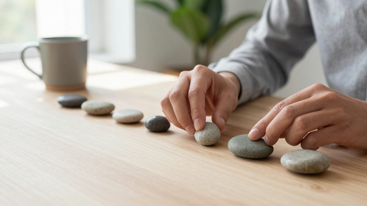 Manos organizando cuidadosamente piedras de río de distintos tamaños sobre un escritorio de madera en un entorno de oficina luminoso y sereno.