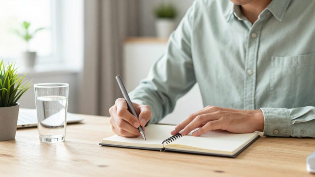 Persona concentrada escribiendo en un cuaderno minimalista sobre un escritorio ordenado en una oficina luminosa.
