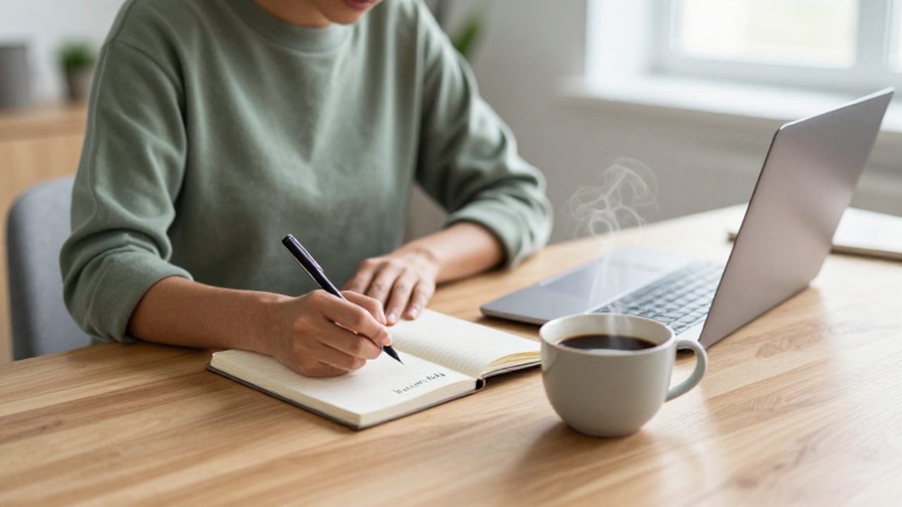 Persona concentrada escribiendo en un cuaderno sobre un escritorio despejado en una oficina iluminada por la luz natural.
