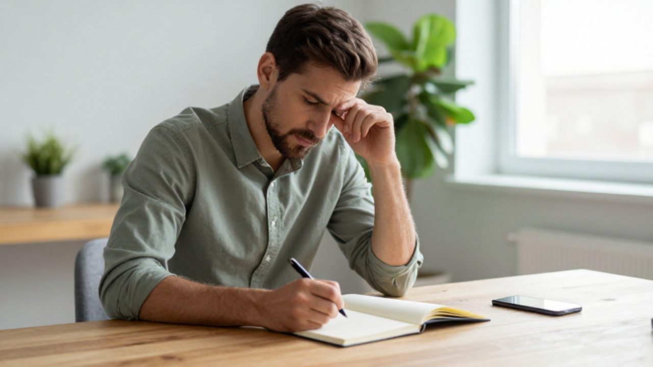 Un hombre concentrado escribe en un cuaderno sobre un escritorio ordenado, con su teléfono boca abajo a un lado para evitar distracciones.