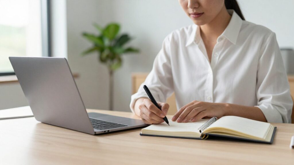 Persona concentrada escribiendo en un planificador sobre un escritorio despejado en una oficina moderna y luminosa.