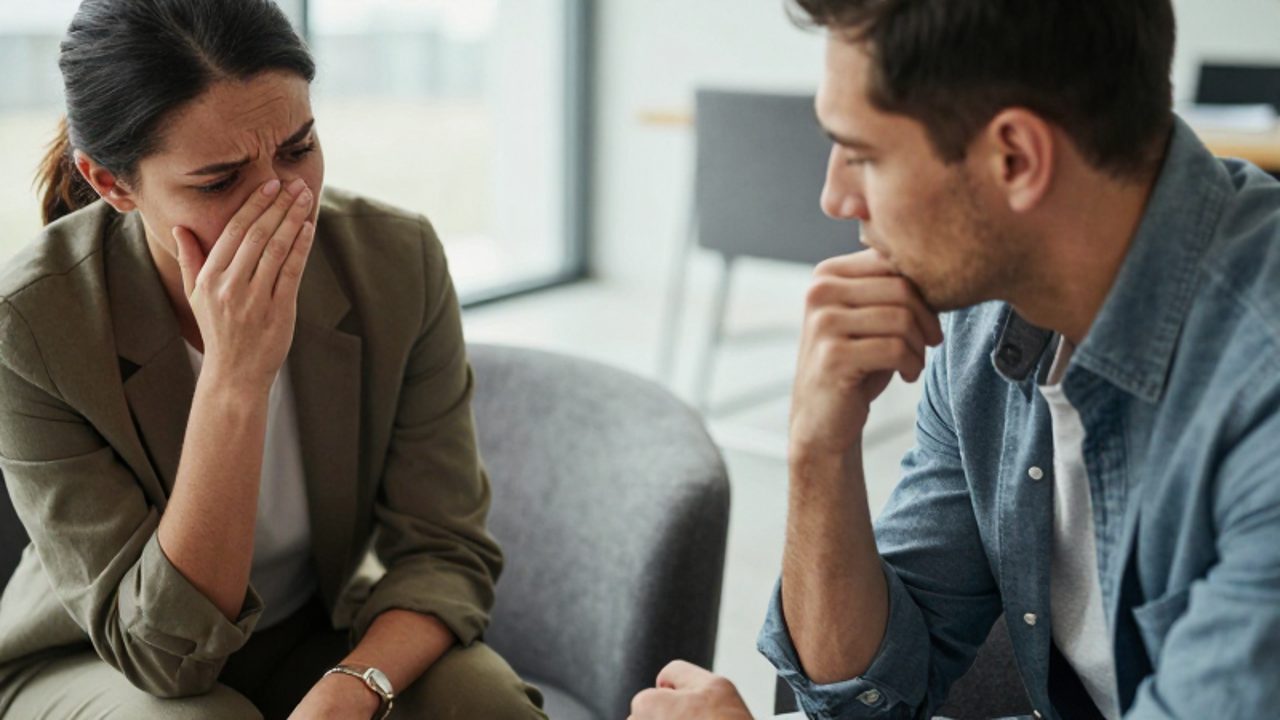 Una persona escucha con atención y empatía a otra que muestra signos de ansiedad mediante gestos inquietos con las manos en un entorno profesional tranquilo.