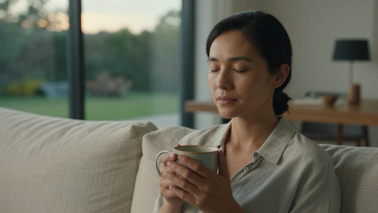 Persona sentada en un sofá en un salón minimalista, con los ojos cerrados y sosteniendo una taza de cerámica para mostrar un momento de reflexión y calma.