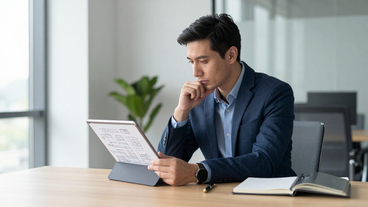 Un hombre en una oficina moderna observa con atención un diagrama en una tableta, mostrando una actitud de reflexión y análisis.