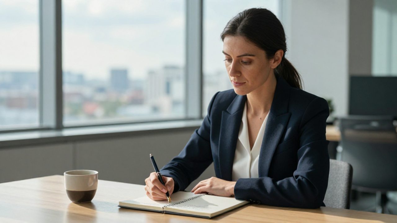 Mujer profesional sentada en un escritorio luminoso con expresión reflexiva y serena mientras observa un cuaderno.
