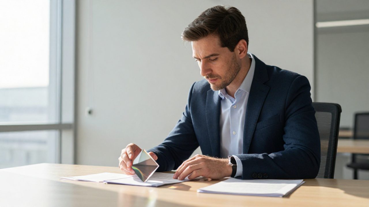 Hombre de negocios pensativo observando un prisma de cristal sobre un escritorio en una oficina moderna.