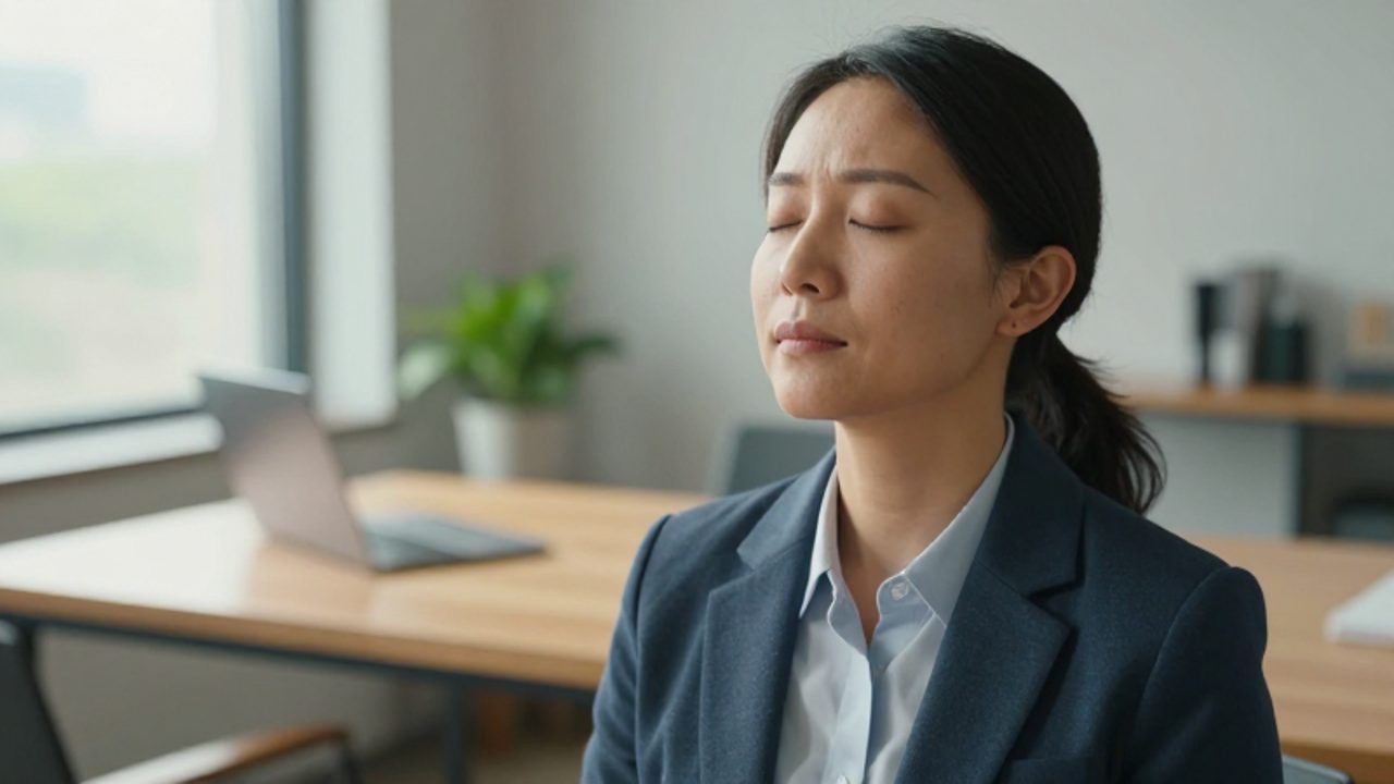 Persona en una oficina luminosa con los ojos cerrados y expresión serena, realizando un ejercicio de respiración para gestionar el estrés.