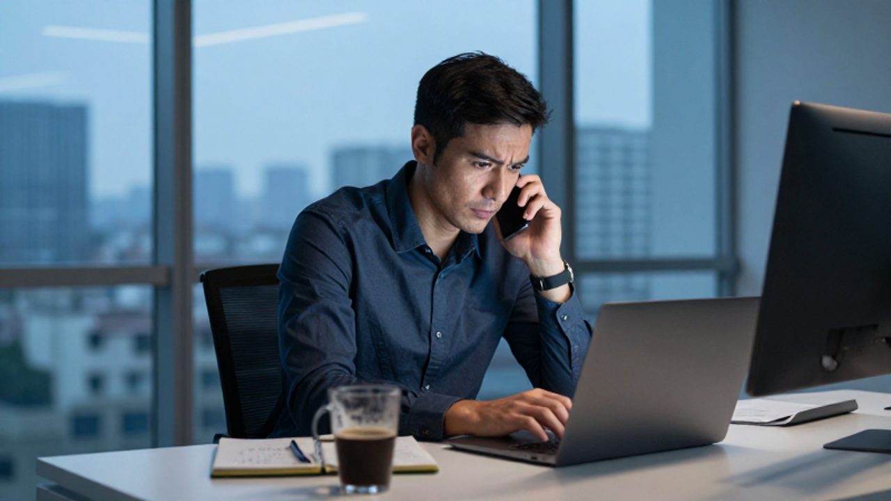 Hombre estresado en su oficina trabajando en su portátil mientras atiende una llamada telefónica para gestionar una crisis laboral.
