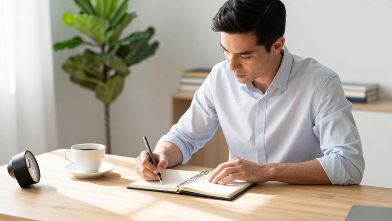 Hombre concentrado escribiendo en una agenda de papel sobre un escritorio organizado de una oficina moderna.