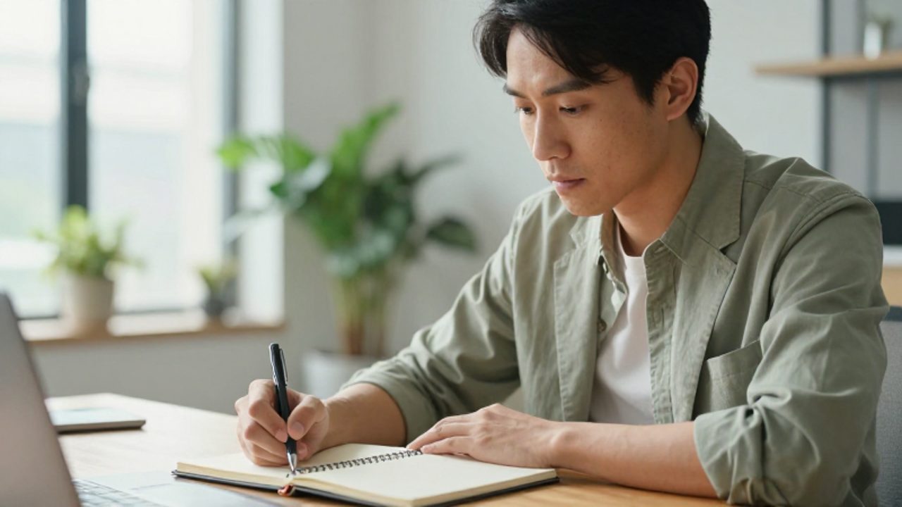 Persona sentada en un escritorio luminoso con un cuaderno, en actitud reflexiva y pausada.