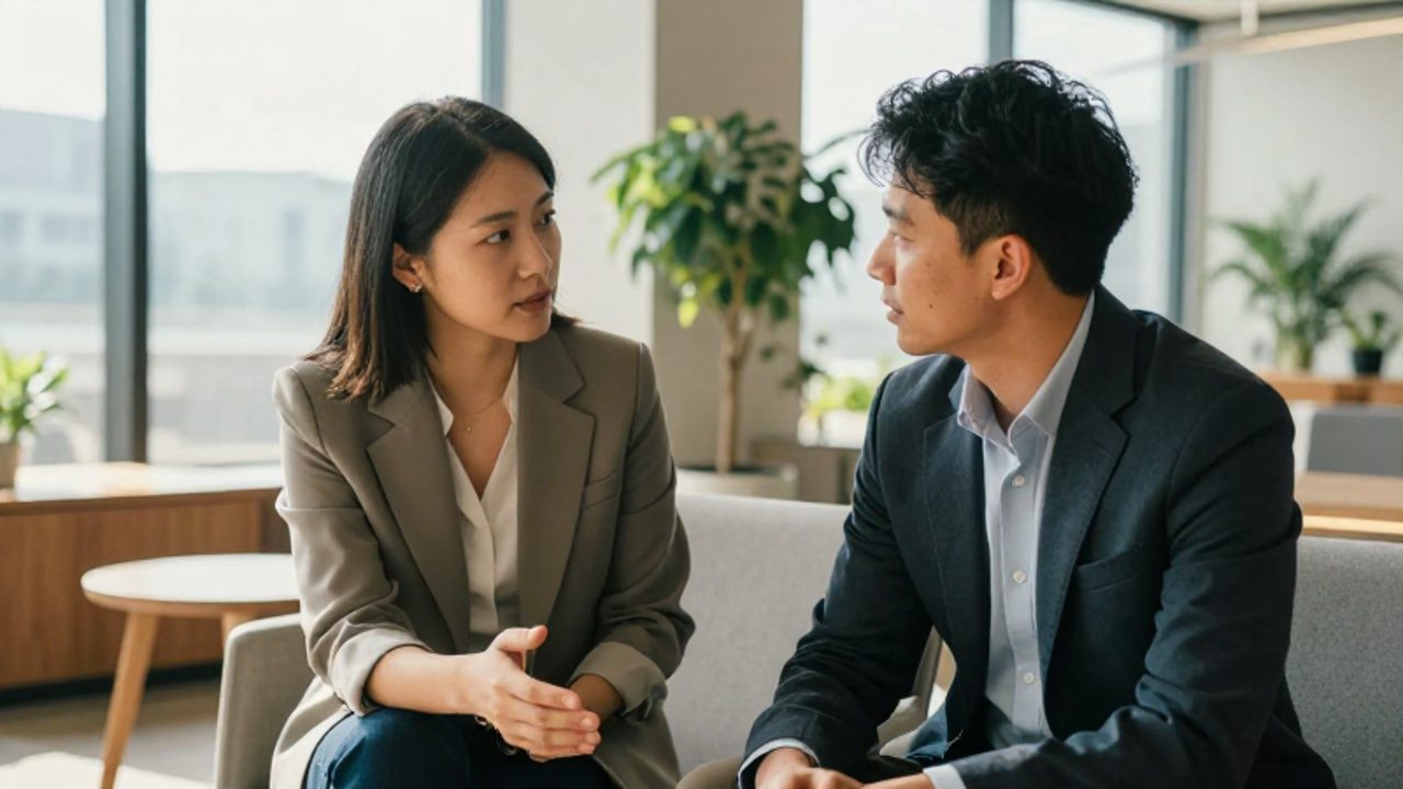 Dos colegas mantienen una conversación tranquila y respetuosa en una oficina luminosa, ejemplificando una comunicación asertiva y empática.