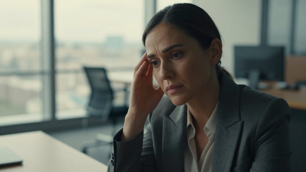 Mujer profesional sentada en un escritorio con expresión melancólica y pensativa, reflejando introspección y desequilibrio emocional.