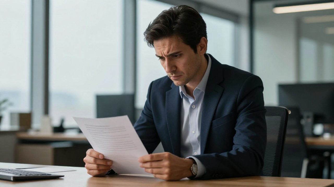 Hombre profesional en una oficina revisando un documento con expresión de preocupación y tensión.