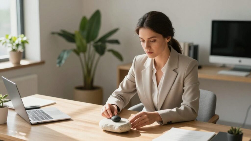 Una mujer sentada en un escritorio luminoso observa con introspección una pequeña piedra oscura sobre una piedra blanca grande.