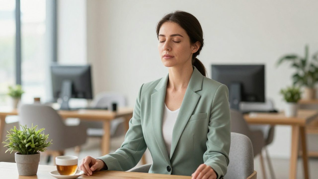 Mujer sentada con los ojos cerrados practicando respiración consciente en una oficina luminosa y tranquila.