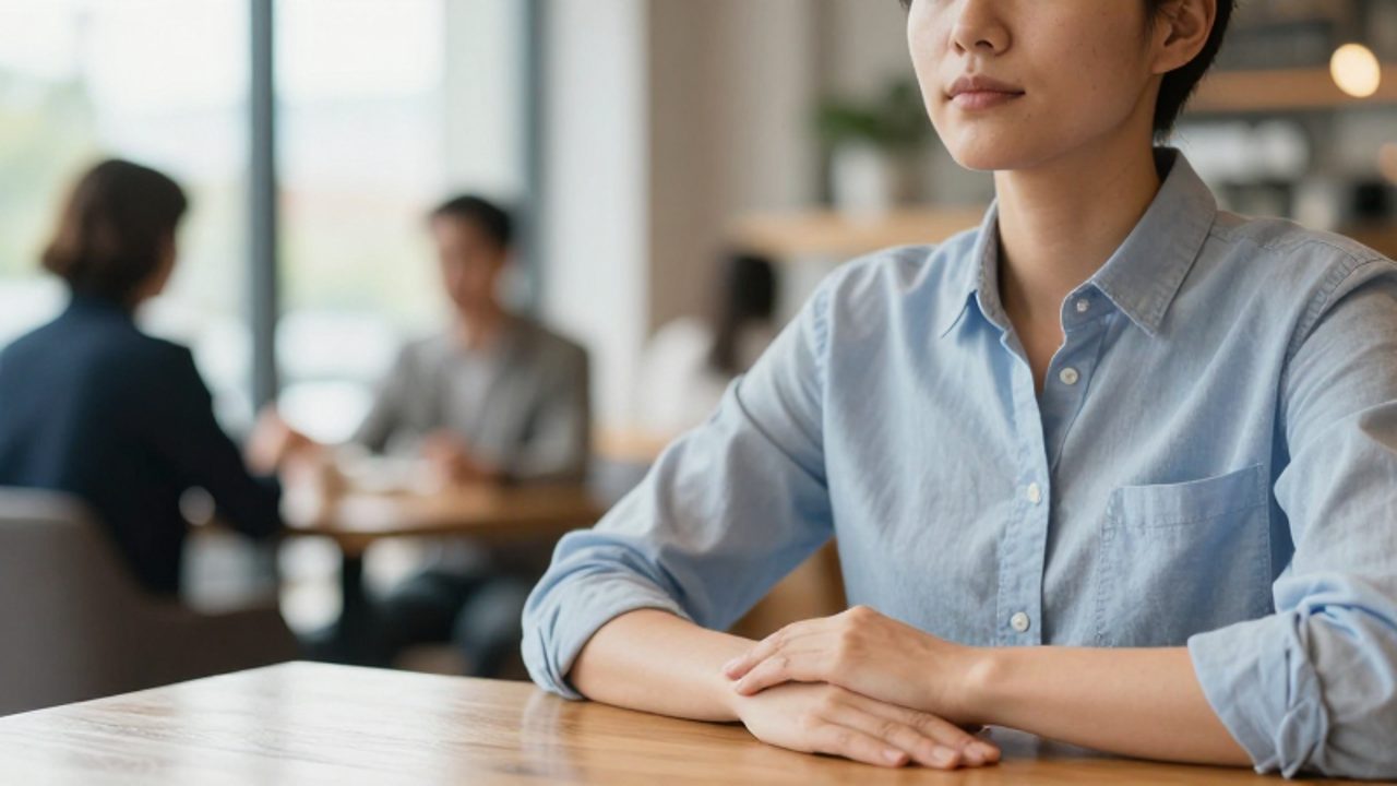 Persona con los ojos cerrados practicando un ejercicio de respiración en una mesa de un café con gente moviéndose de fondo.