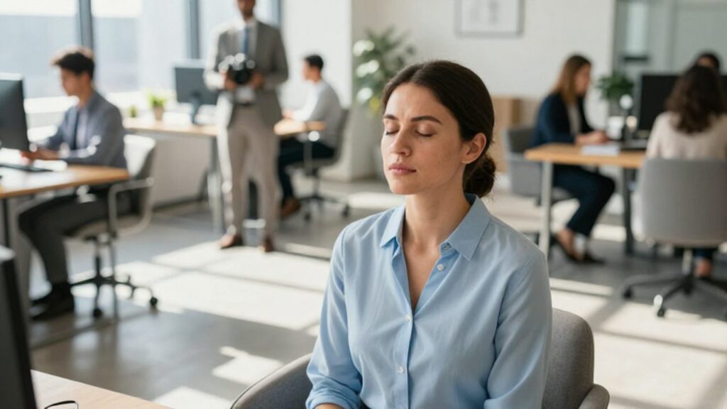 Mujer sentada con los ojos cerrados practicando respiración consciente en una oficina luminosa y con movimiento de fondo.