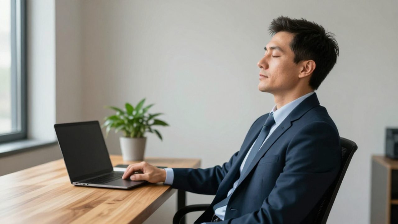 Un hombre en su oficina hace una pausa para practicar la atención plena con los ojos cerrados en un entorno de trabajo tranquilo.