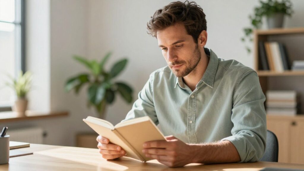 Hombre concentrado leyendo un cuaderno sobre un escritorio ordenado en una oficina luminosa.