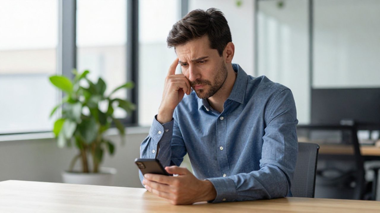 Hombre de unos 30 años sentado en un despacho moderno, mirando su teléfono móvil con expresión de duda e introspección.