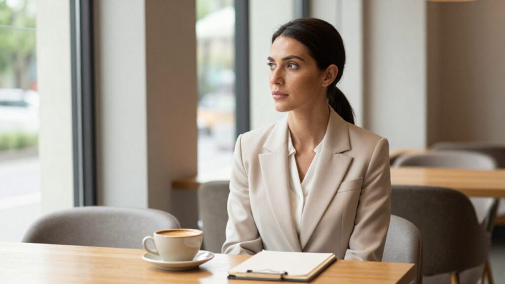 Mujer con expresión serena y segura sentada en un café luminoso, mirando hacia una silla vacía en un gesto de introspección y apertura.