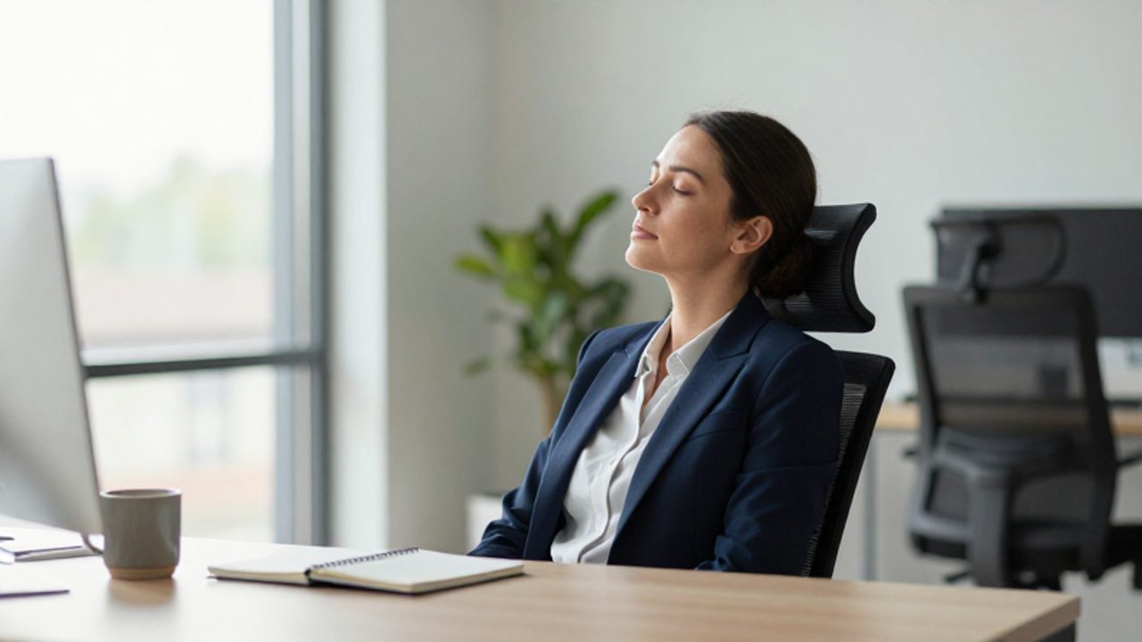 Mujer profesional con expresión tranquila y ojos cerrados en un escritorio de oficina luminoso, reflejando un momento de introspección y calma.