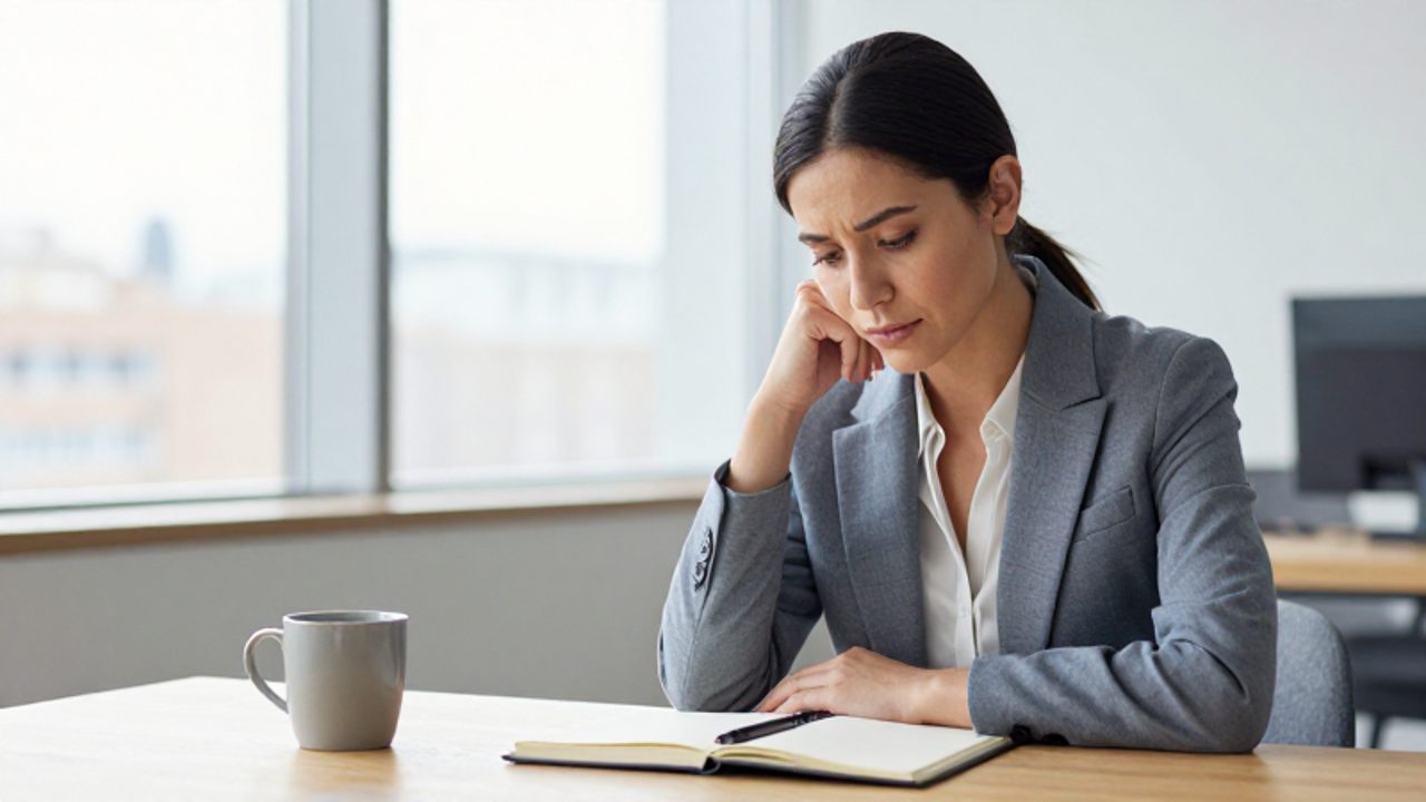 Mujer profesional sentada en un escritorio de oficina, mirando un cuaderno con una expresión de calma y reflexión.