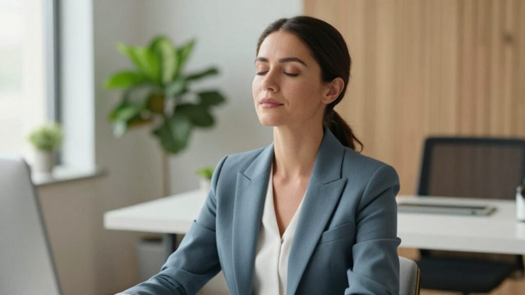 Mujer profesional sentada en su escritorio de oficina con los ojos cerrados y expresión serena, practicando un momento de reflexión y calma.