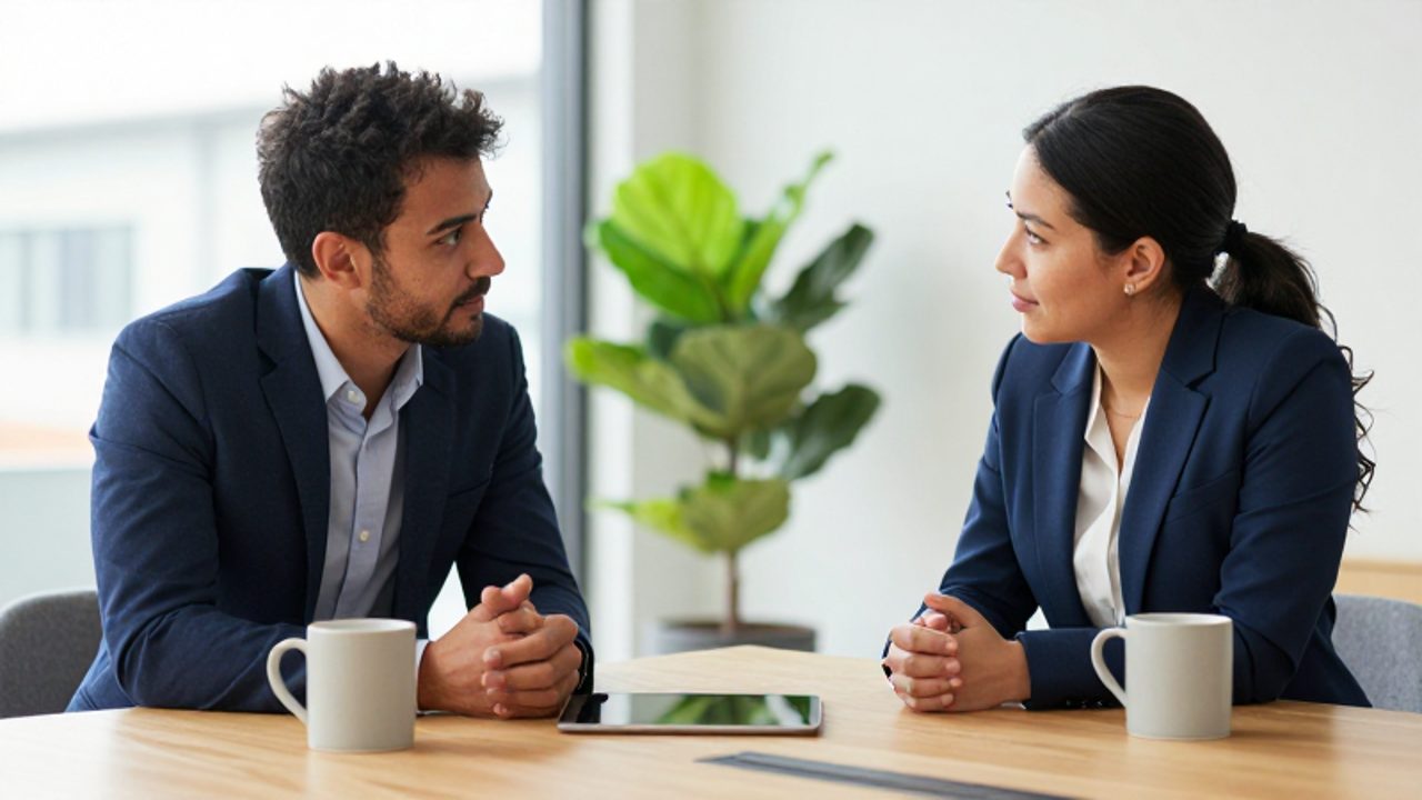 Dos profesionales mantienen una conversación colaborativa y empática con contacto visual directo en una oficina luminosa.