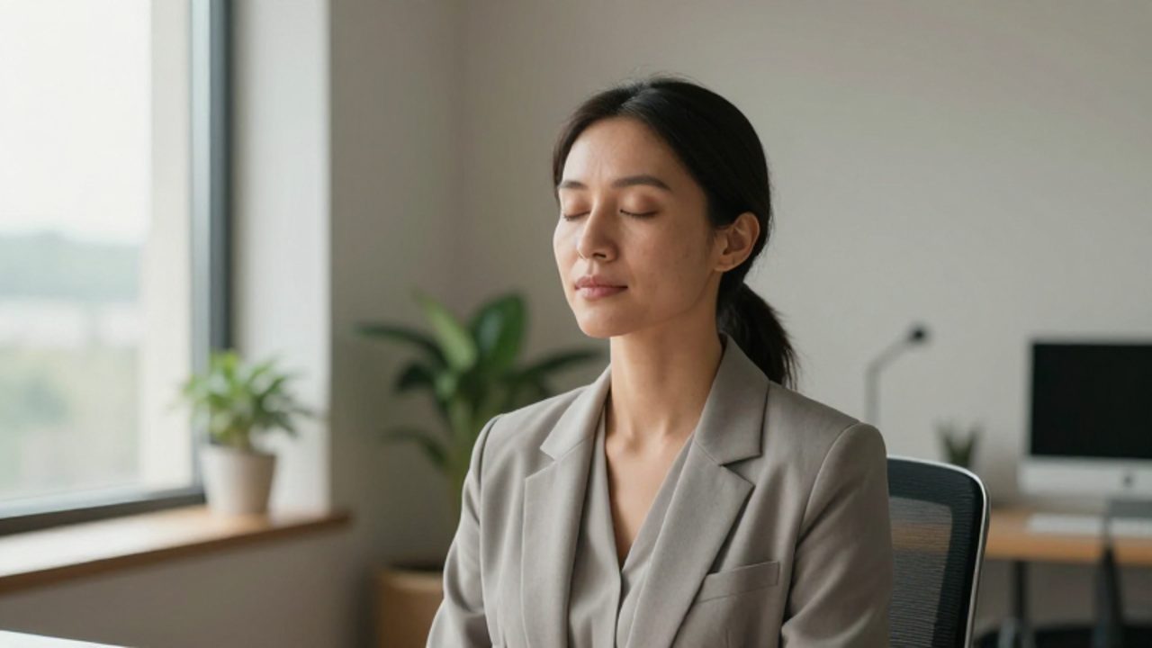 Mujer sentada en un entorno luminoso y minimalista con los ojos cerrados, practicando mindfulness en un momento de calma.