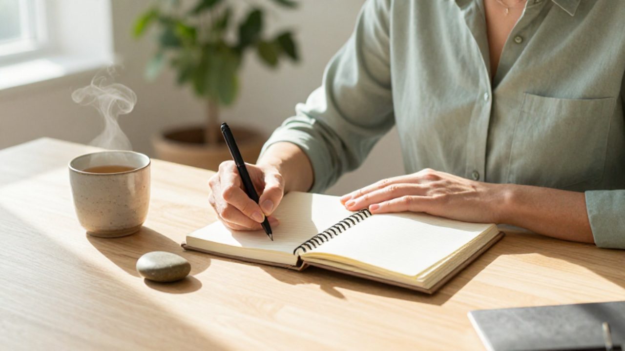 Persona sentada en un escritorio despejado escribiendo con calma en un diario junto a una taza de té.