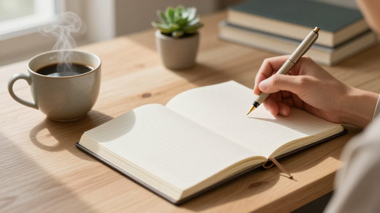 Una mano sostiene una pluma frente a un diario abierto y una taza de café sobre un escritorio ordenado bajo la luz natural de la mañana.