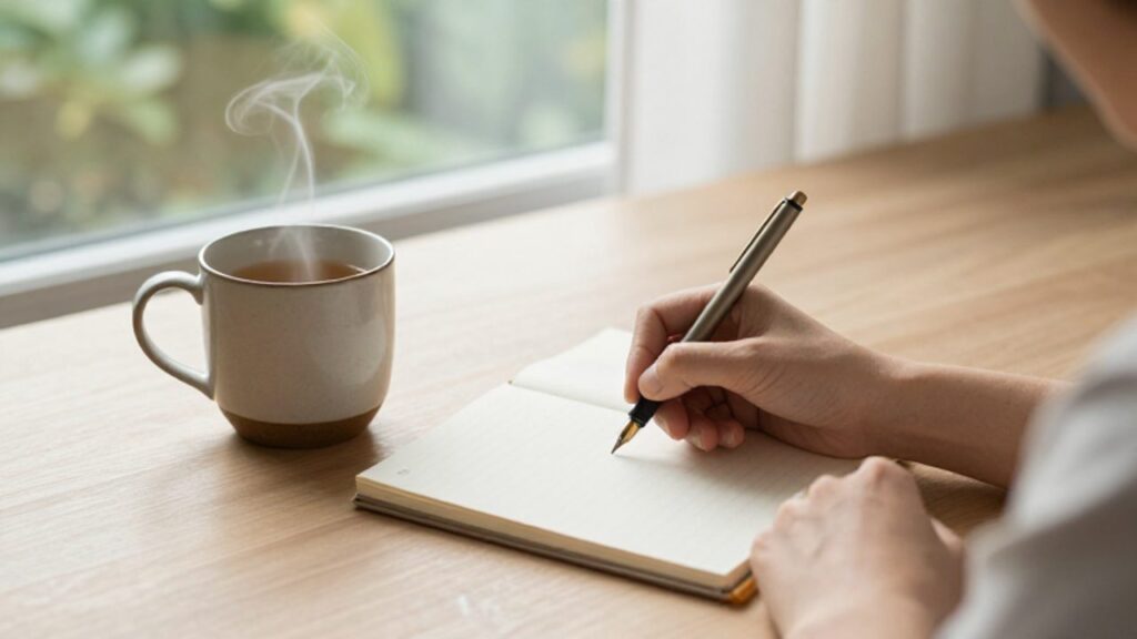 Manos escribiendo en un cuaderno sobre un escritorio de madera junto a una taza de té caliente en un ambiente luminoso y tranquilo.