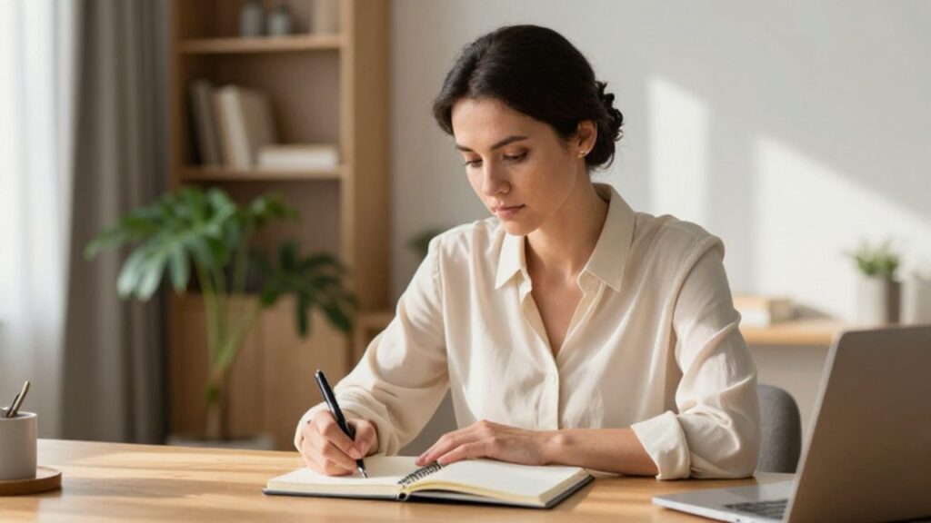 Una mujer sentada en un escritorio luminoso escribe reflexivamente en un cuaderno dentro de una oficina en casa tranquila.