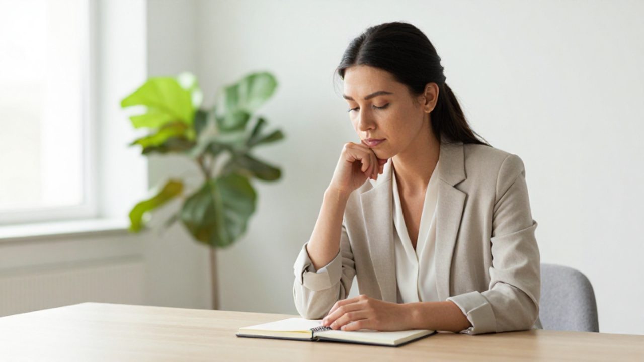 Persona sentada en un escritorio ordenado con expresión contemplativa frente a un cuaderno, en un entorno luminoso y tranquilo que transmite calma.