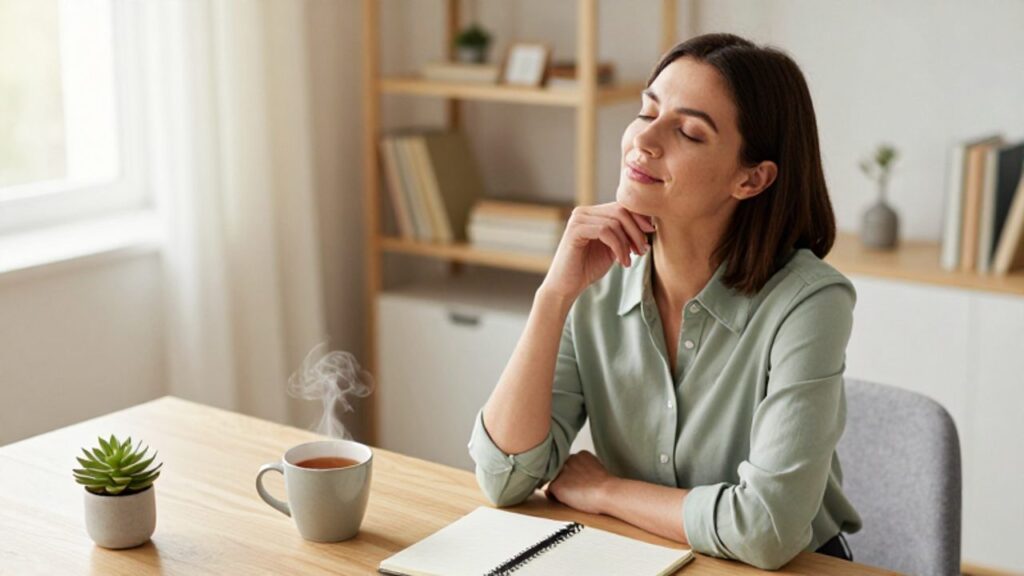 Mujer sentada en un escritorio luminoso con expresión serena y ojos cerrados, transmitiendo un momento de paz e introspección.