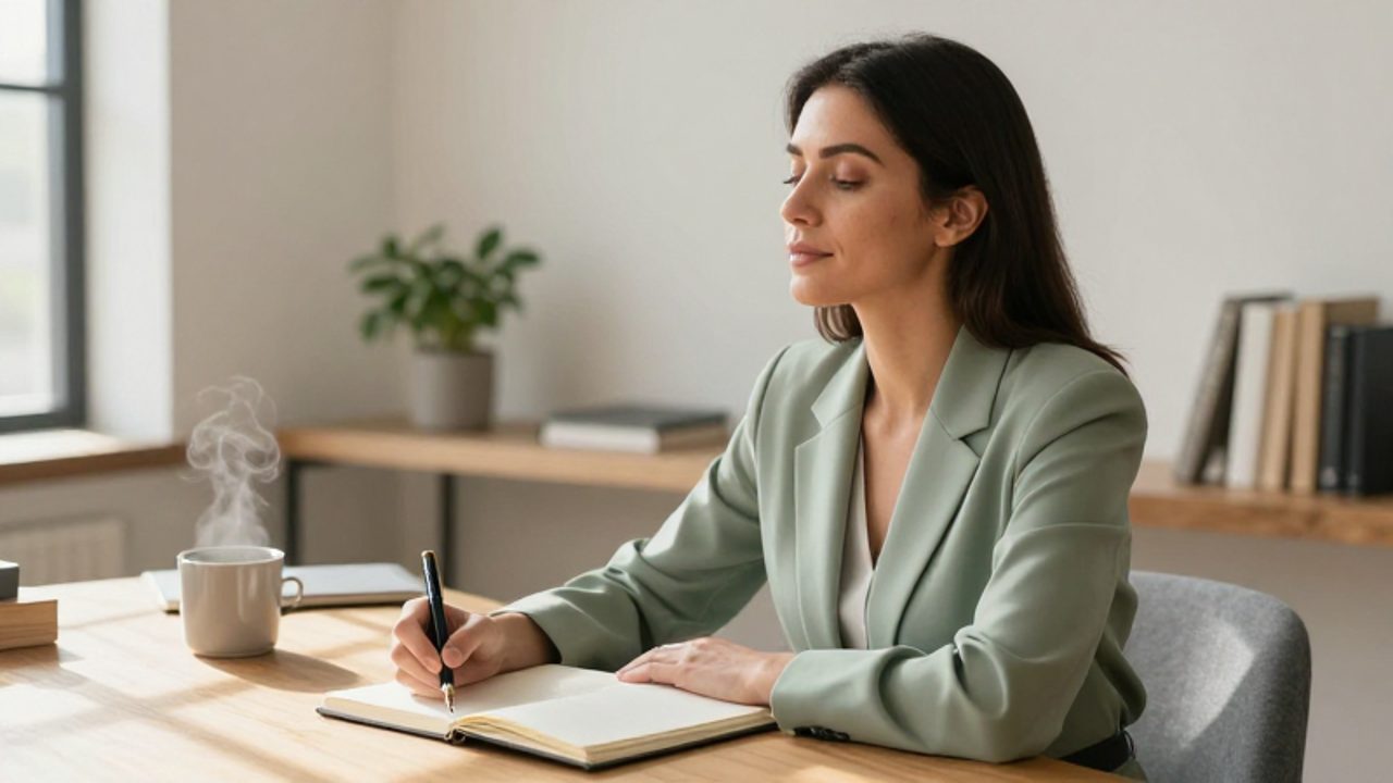 Mujer sentada en un escritorio luminoso, escribiendo con calma en su diario para practicar la reflexión y la gestión emocional.