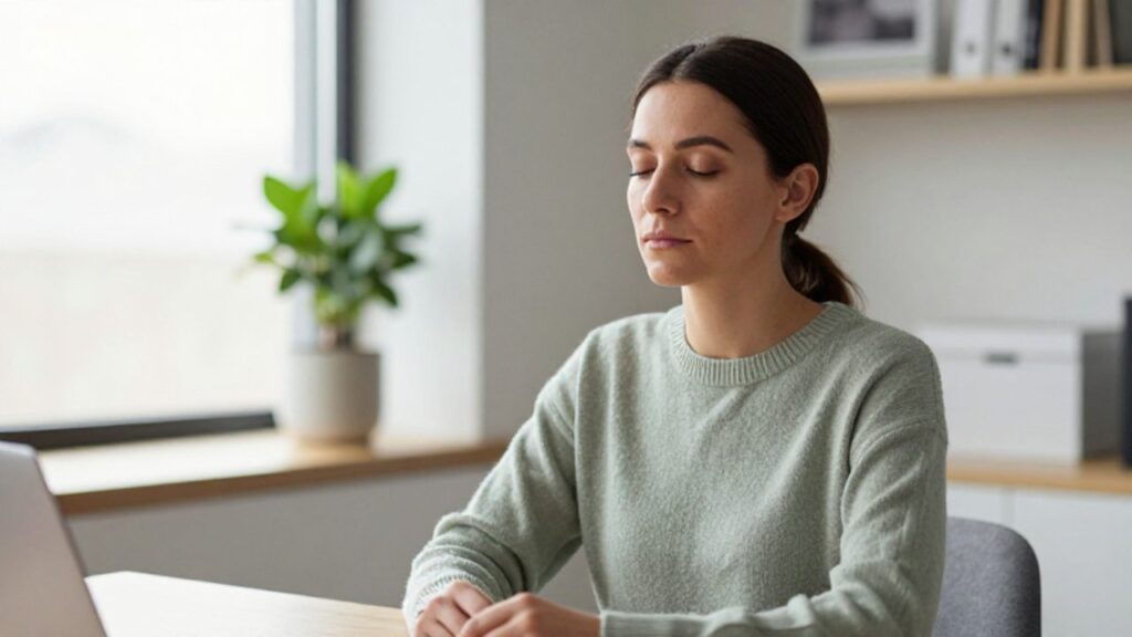 Mujer en una oficina luminosa cierra los ojos y respira profundamente en un momento de reflexión y calma.