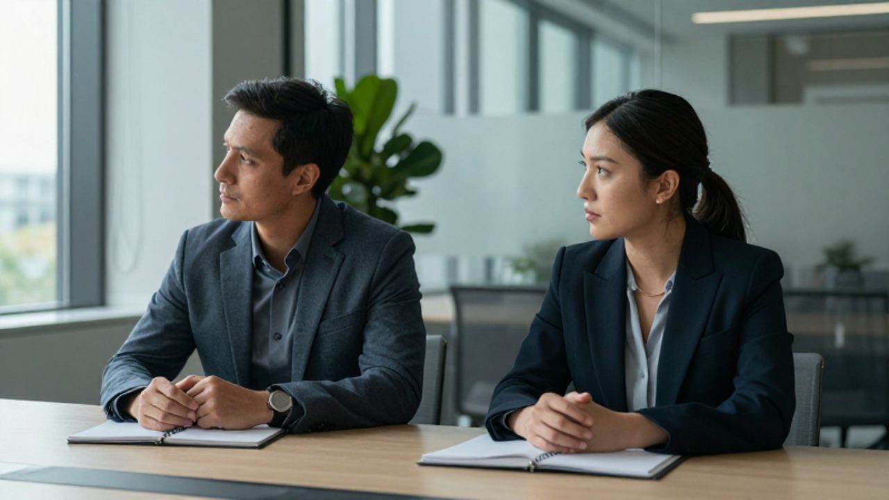 Dos colegas sentados en una mesa de oficina con actitud distante y tensa, reflejando el distanciamiento emocional tras un conflicto.