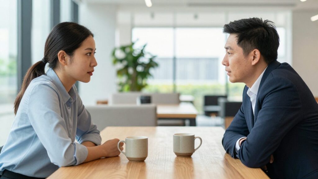 Dos colegas conversan con calma y atención frente a frente en una oficina luminosa para resolver sus diferencias.