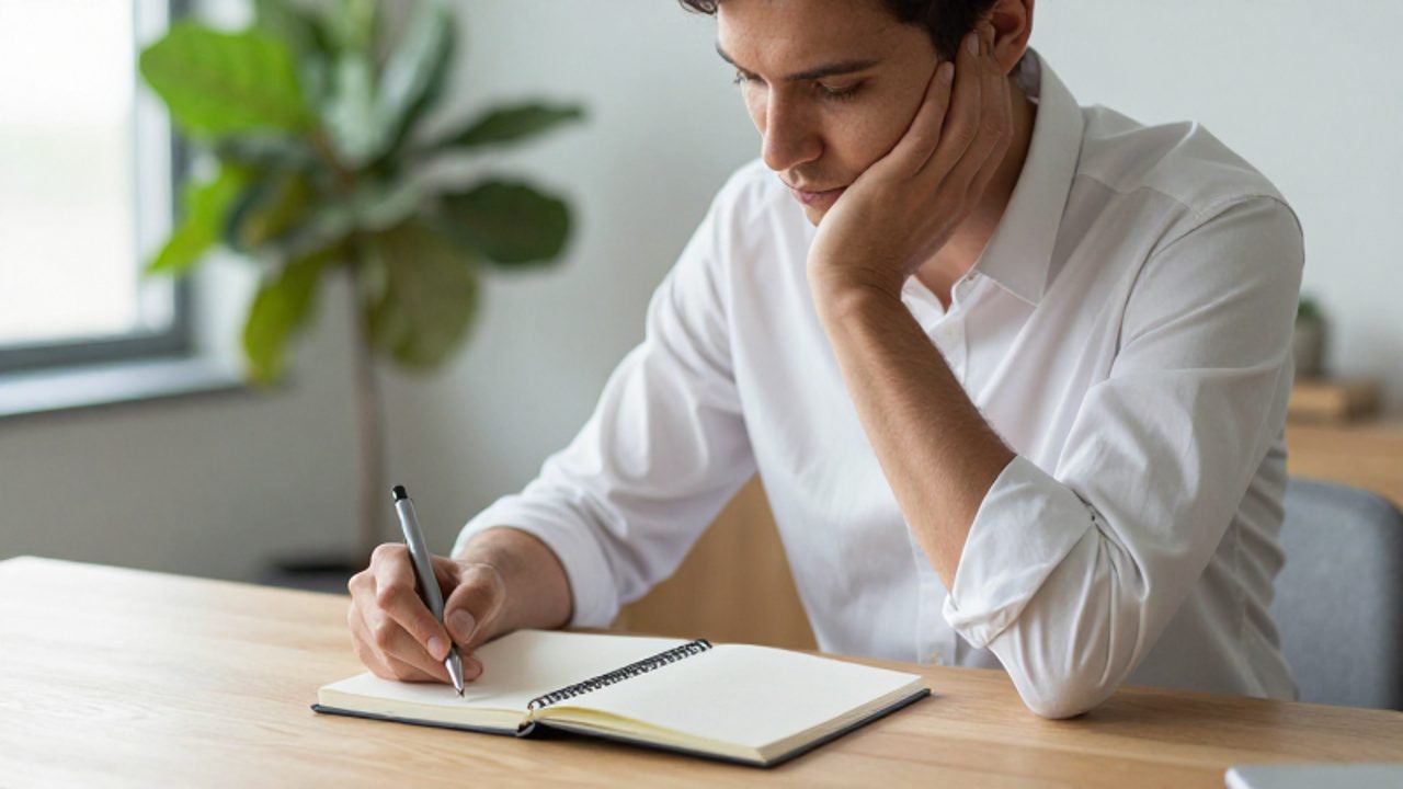 Persona concentrada en un escritorio minimalista, apoyando la barbilla en su mano mientras observa con atención un cuaderno.