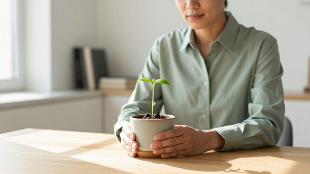 Persona contemplando con calma un pequeño brote verde de una planta sobre un escritorio de madera en una oficina iluminada.