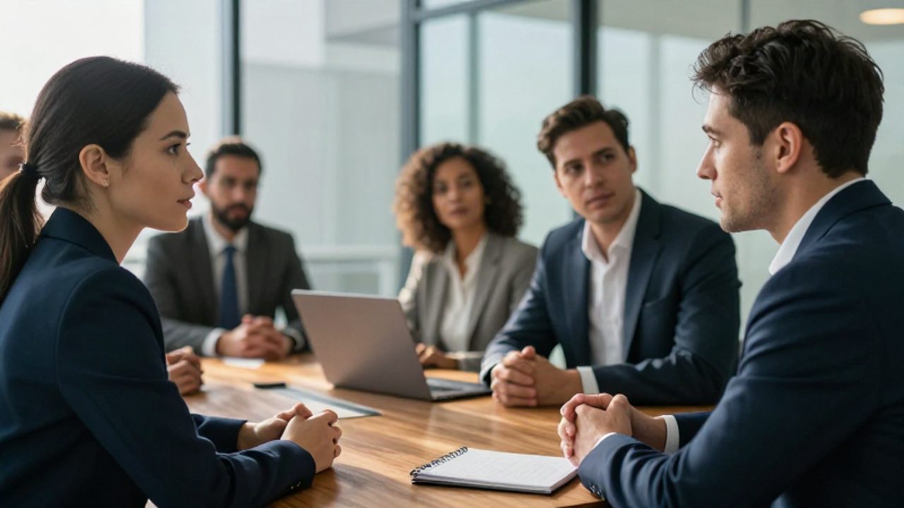 Dos colegas mantienen una conversación privada y cercana en primer plano durante una reunión de trabajo, mientras otros profesionales permanecen en segundo plano alrededor de una mesa de conferencias.