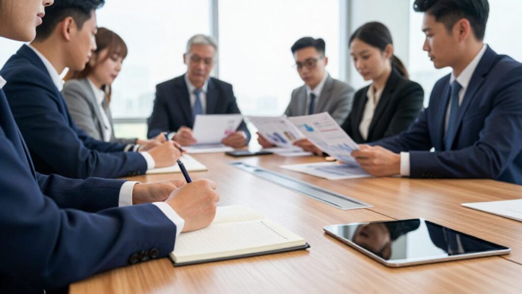Un grupo de profesionales analiza perfiles y datos en una sala de juntas, con un primer plano de manos sobre una mesa y un cuaderno que simboliza la toma de decisiones organizada.