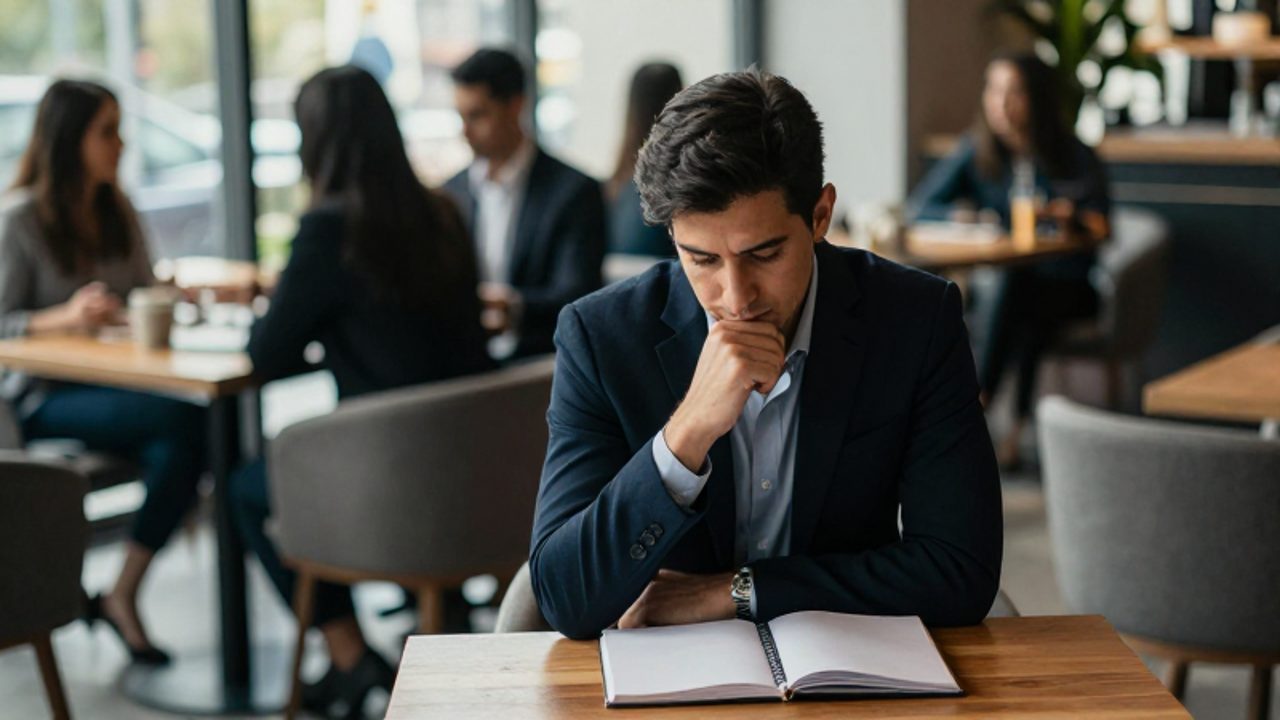 Persona sentada en una cafetería moderna escribiendo en un cuaderno mientras mantiene una actitud reflexiva ante el movimiento desenfocado de una multitud a su alrededor.